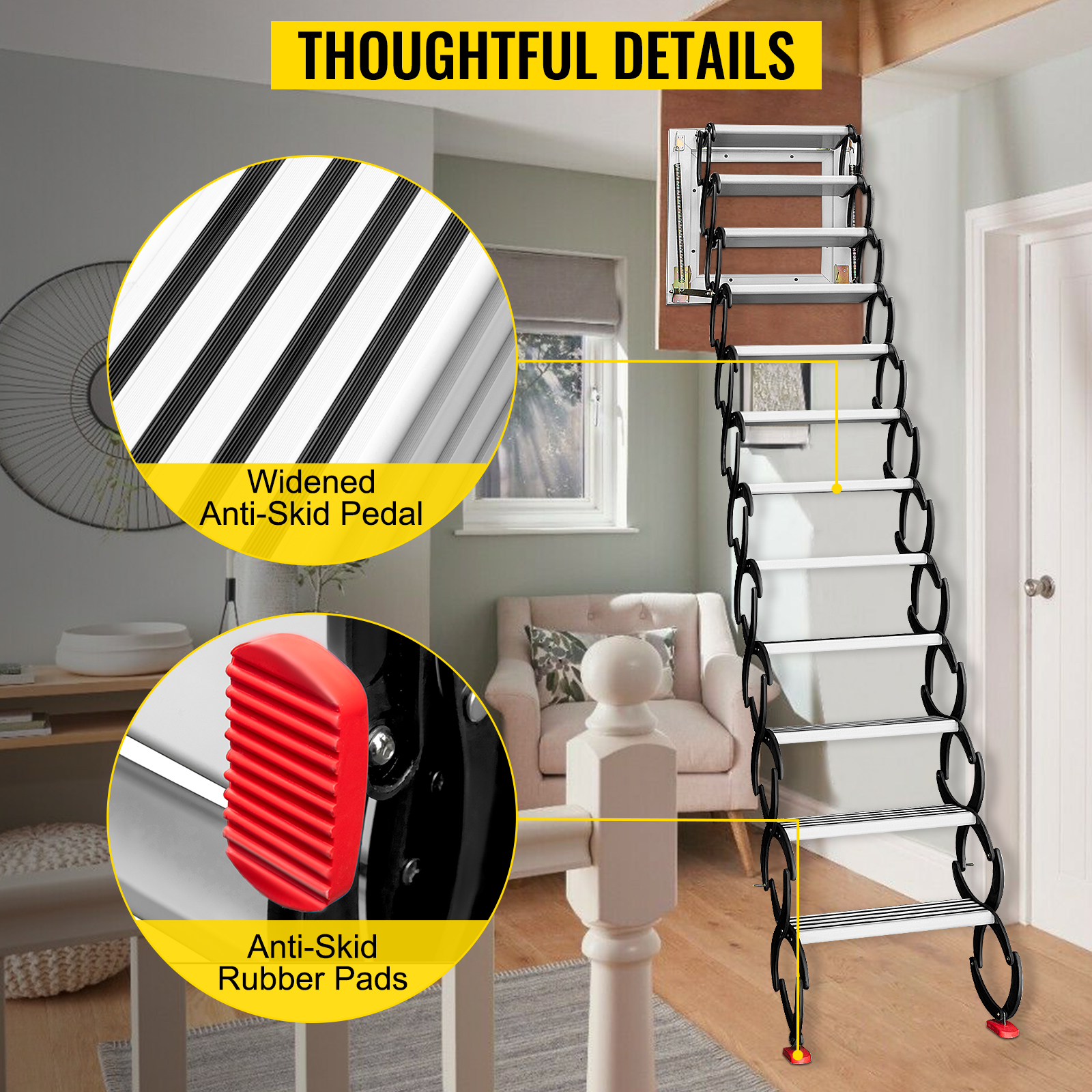VEVOR Attic Steps Pull Down 12 Steps Attic Stairs Alloy Attic Access Ladder,  Black Pulldown Attic Stairs, Wall-mounted Folding Stairs for Attic,  Retractable Attic Ladder with Armrests, 9.8 feet Height