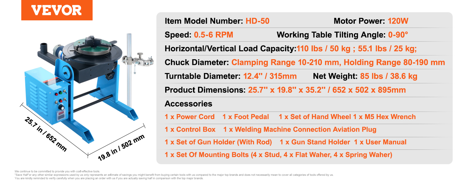 VEVOR rotācijas metināšanas pozicionētājs hd-50, 120w, ātrums: 0,5-6 apgr./min, 25,7"x19,8"x35,2", 12,4" pagrieziena galds.