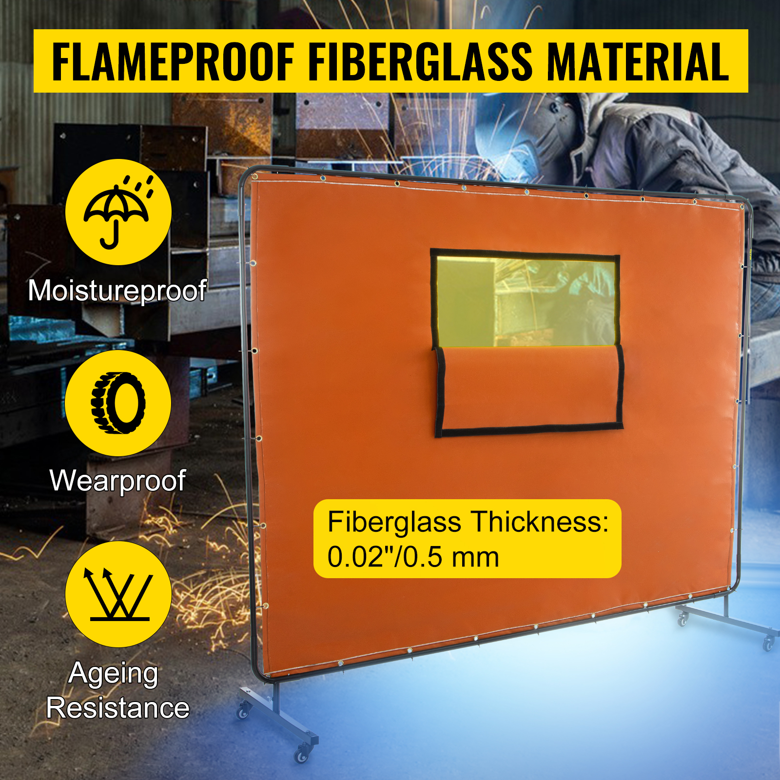 VEVOR Welding Curtain, 6' x 8', Welding Screen with Metal Frame & 4 Wheels, Fireproof Fiberglass w/Transparent Window, for Workshop, Industrial Site, Yellow