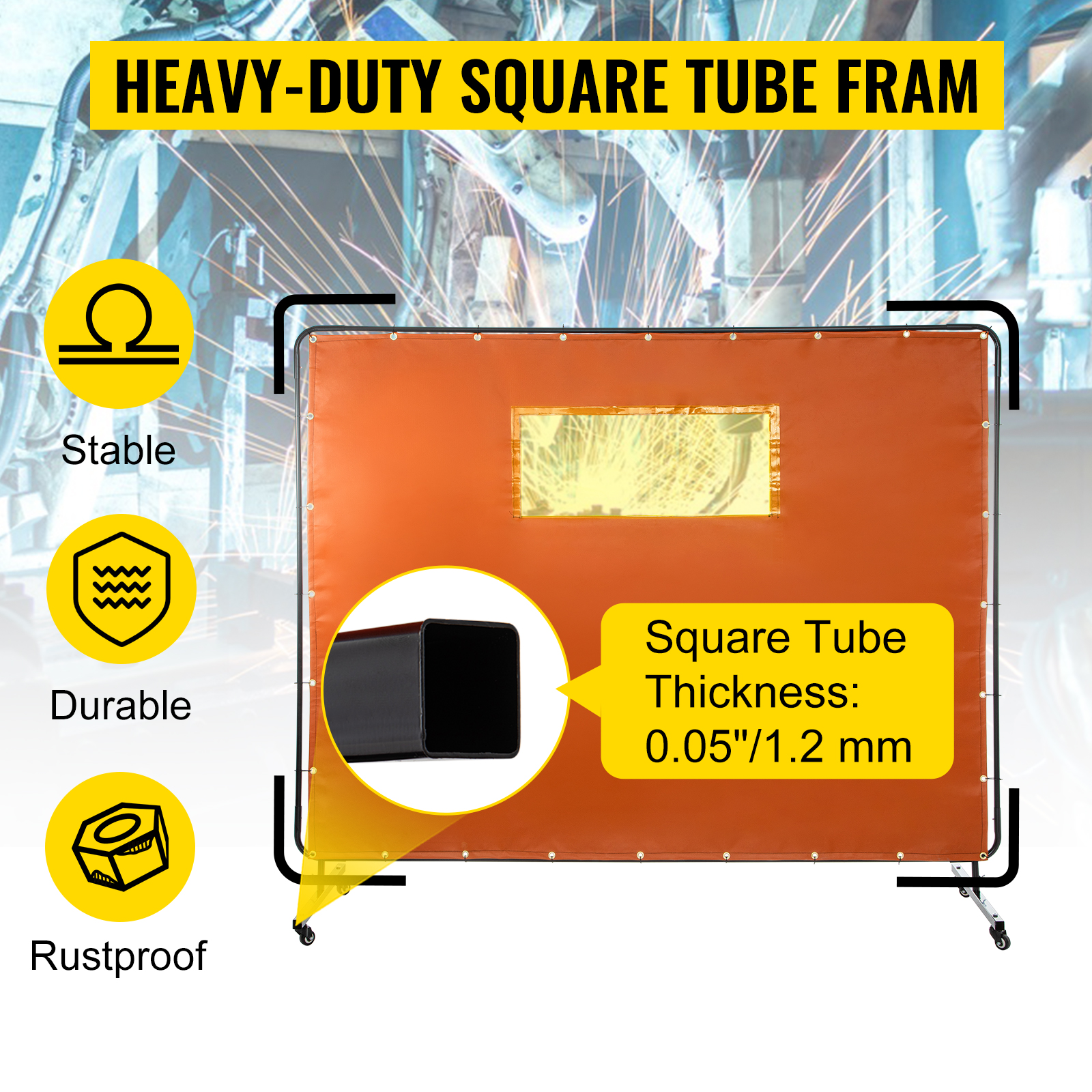 VEVOR Welding Curtain, 6' x 8', Welding Screen with Metal Frame & 4 Wheels, Fireproof Fiberglass w/Transparent Window, for Workshop, Industrial Site, Yellow