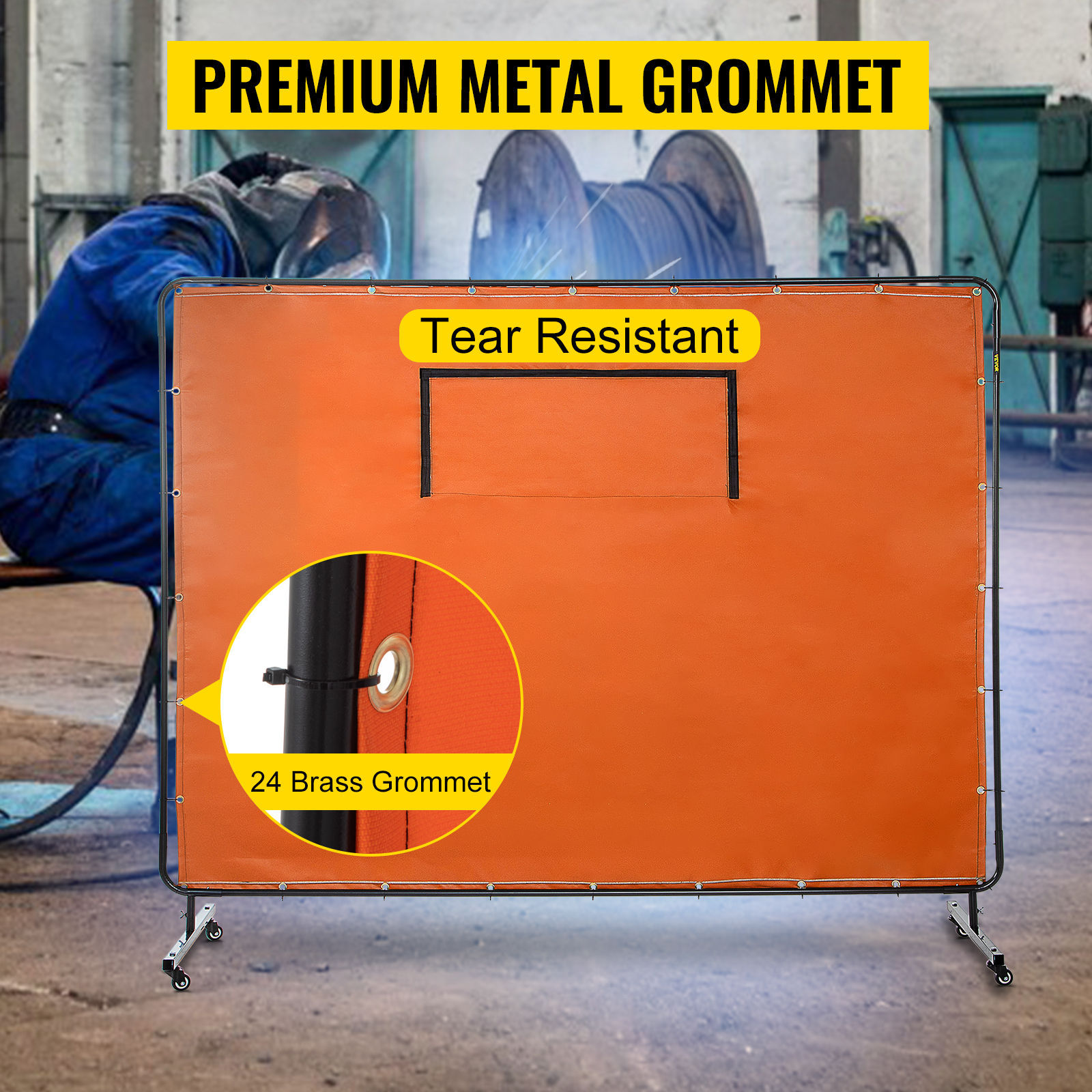 VEVOR Welding Curtain, 6' x 8', Welding Screen with Metal Frame & 4 Wheels, Fireproof Fiberglass w/Transparent Window, for Workshop, Industrial Site, Yellow