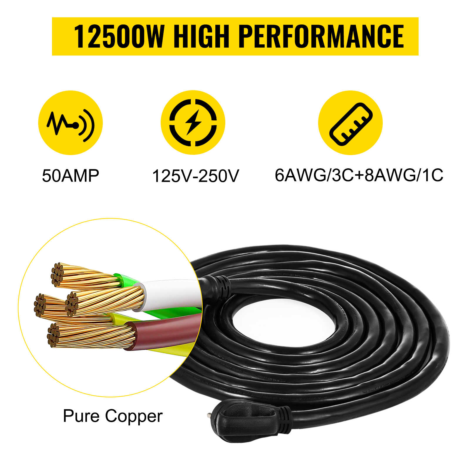 Happybuy RV Shore Power Extension Cord 50FT 50 AMP Weatherproof Heavy Duty  6AWG/3C+8AWG/1C Twist Lock Cord 50 Amp RV Replacement Cord UL and CSA  Approved with Molded Connector and Patented Handle 