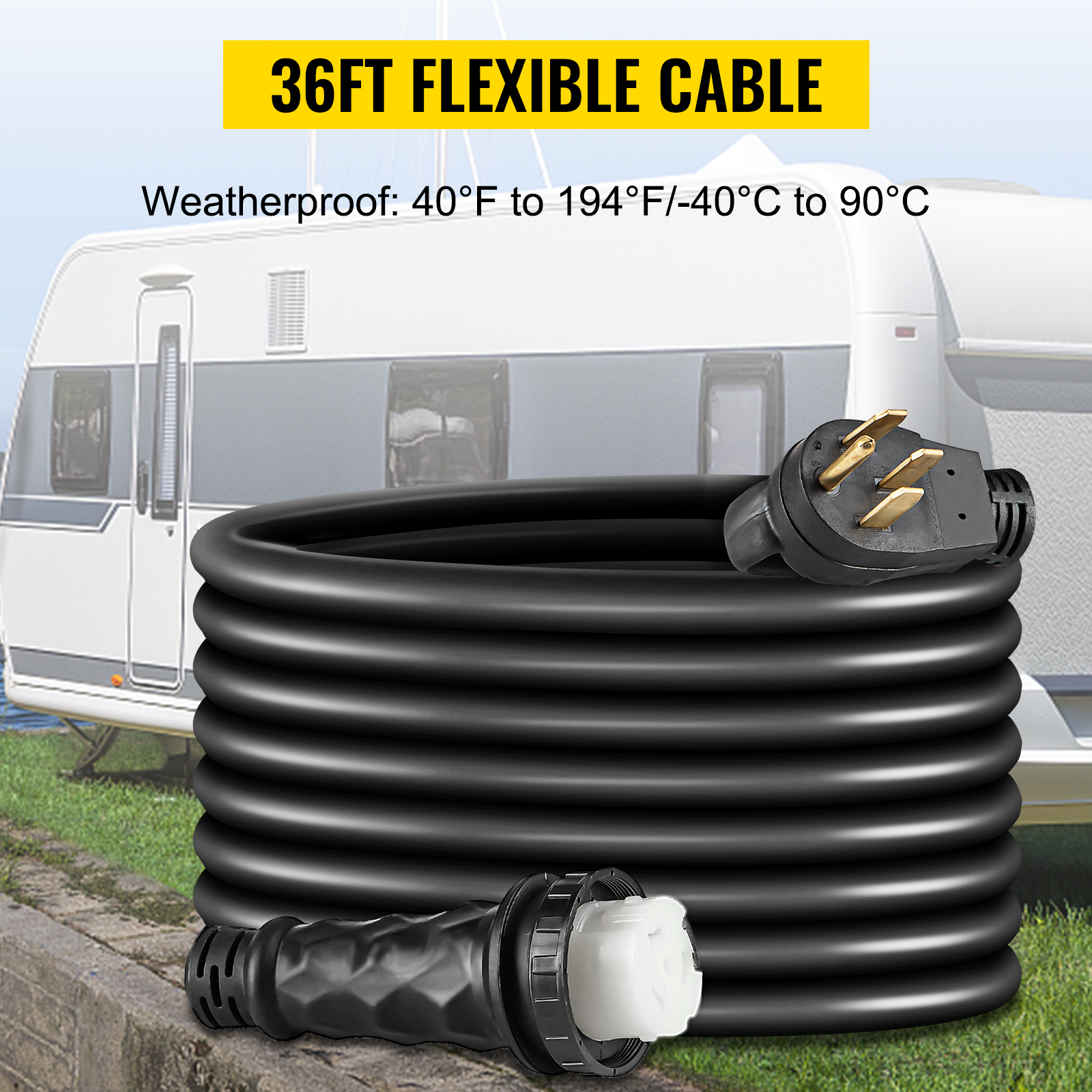 VEVOR RV Shore Power Extension Cord 36FT 50 AMP Weatherproof Heavy Duty 6/3  + 8/1 STW Twist Lock Cord 50 Amp RV Replacement Cord UL and CSA Approved  W/Molded Connector and Patented Handle