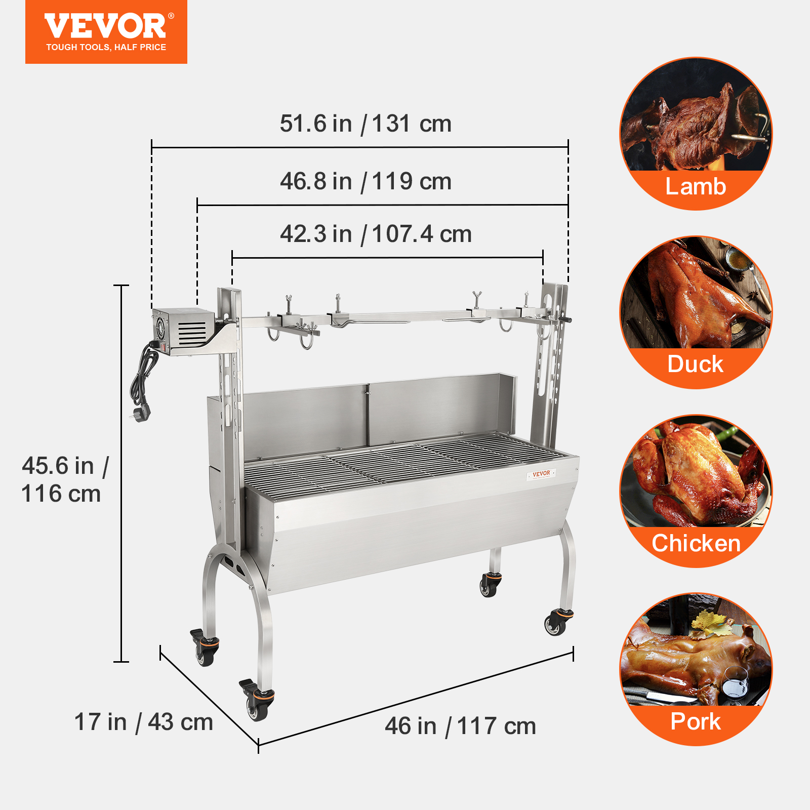 VEVOR Roaster Spit Rotisserie BBQ Grill Pig Lamb Chicken Roaster Stainless Steel