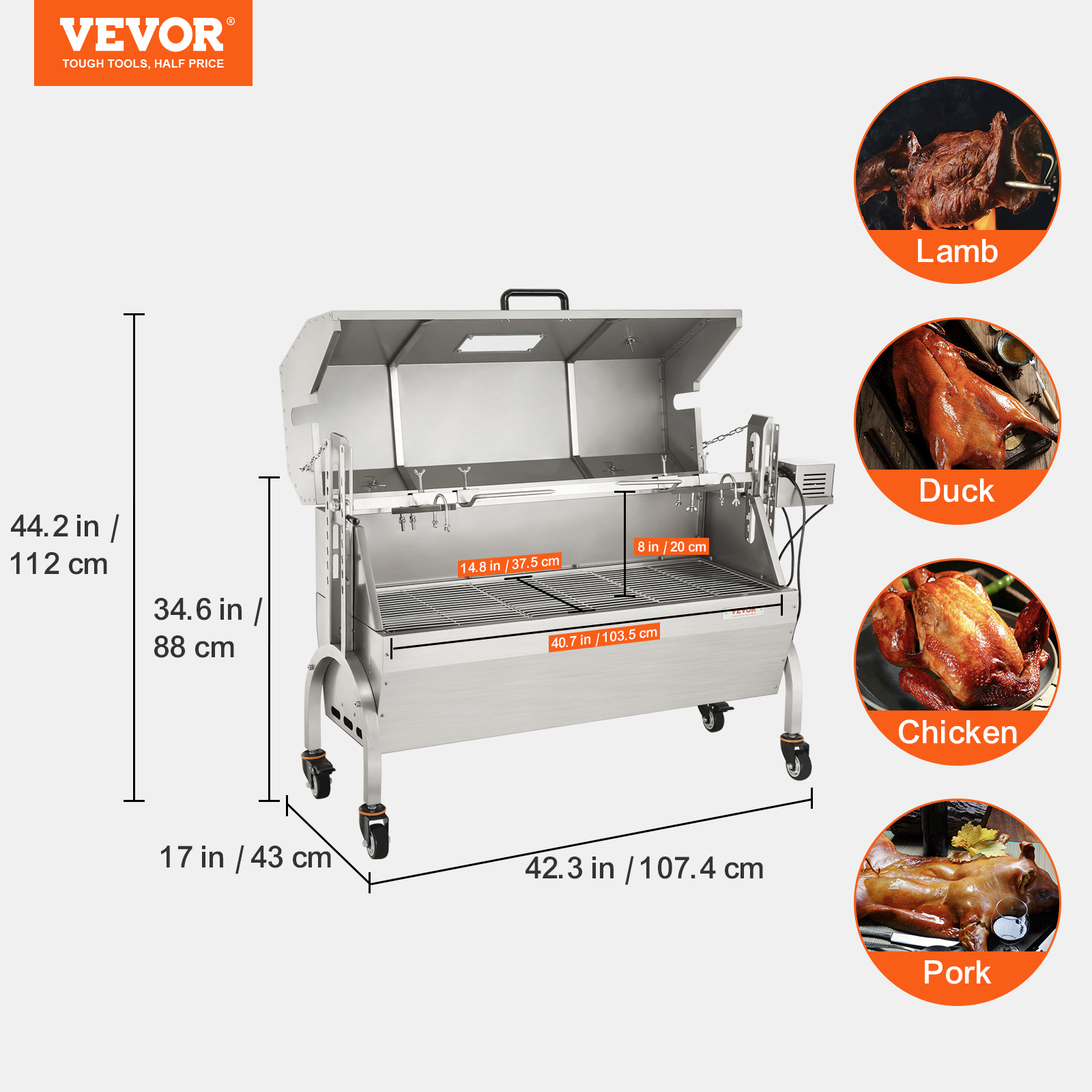 VEVOR Roaster Spit Rotisserie BBQ Grill Pig Lamb Chicken Roaster Stainless Steel