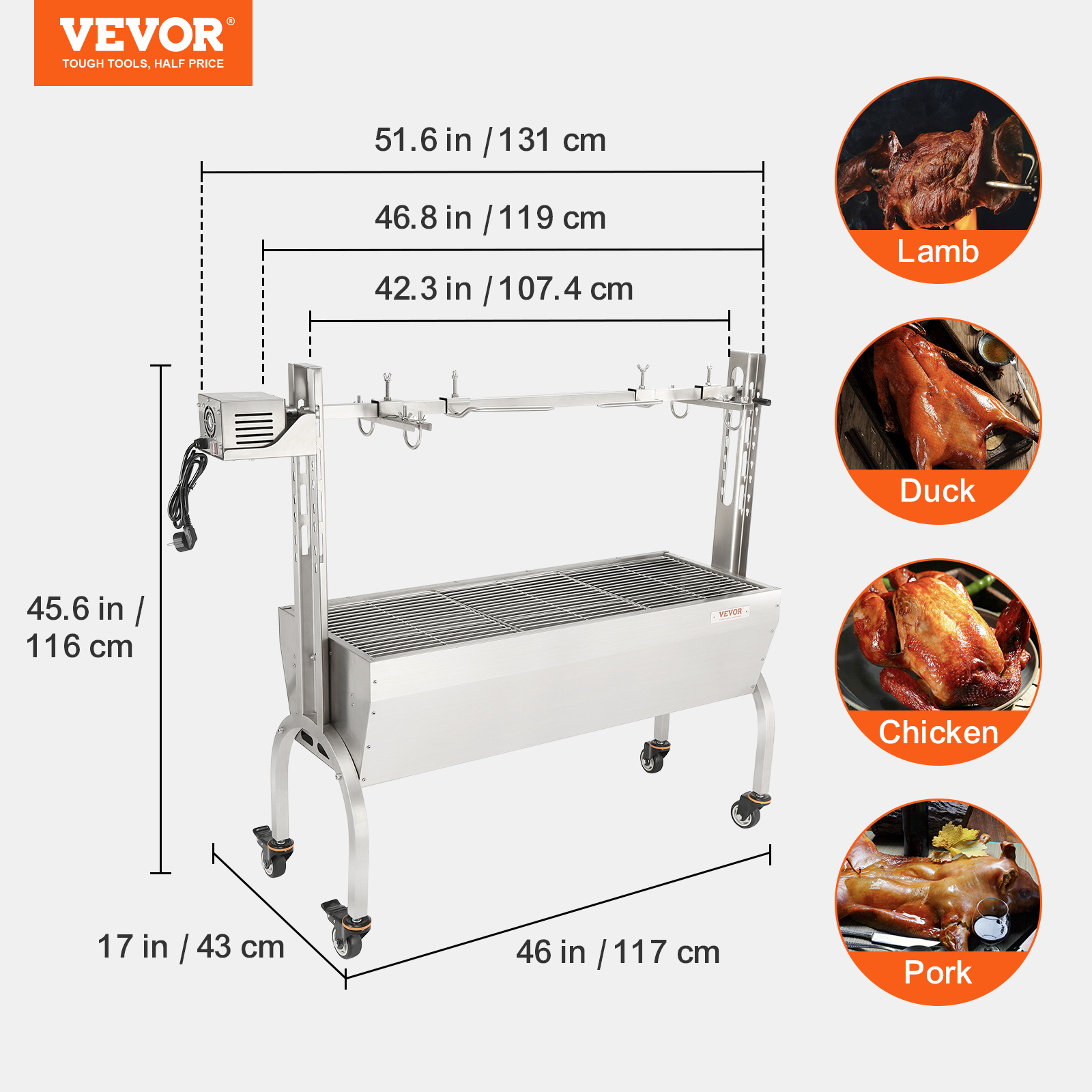 VEVOR Roaster Spit Rotisserie BBQ Grill Pig Lamb Chicken Roaster Stainless Steel