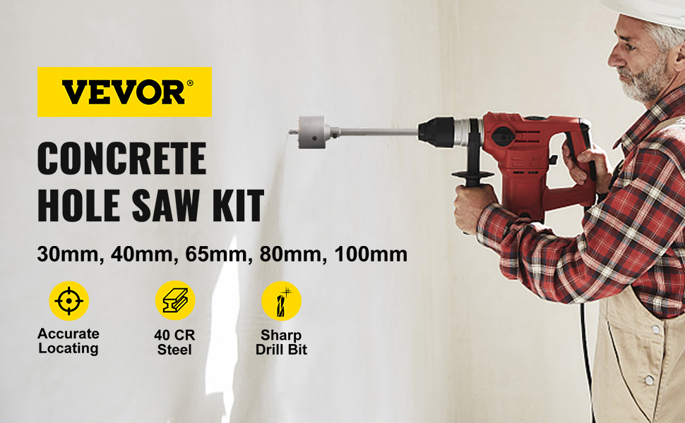 VEVOR Beton Gatenzaag Kit 30-100mm - 4-in-1 Holle Boorkroon Koolstofstaal Voor Muur & Vloer