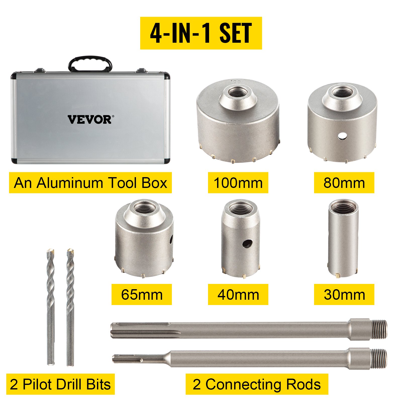 VEVOR Kit de scie cloche à béton, 30/40/65/80/100 mm Jeu de forets SDS Plus  ou SDS Max Shank Wall Hole Cutter avec tige de connexion 11,8/300 mm pour  brique, béton, ciment, mur