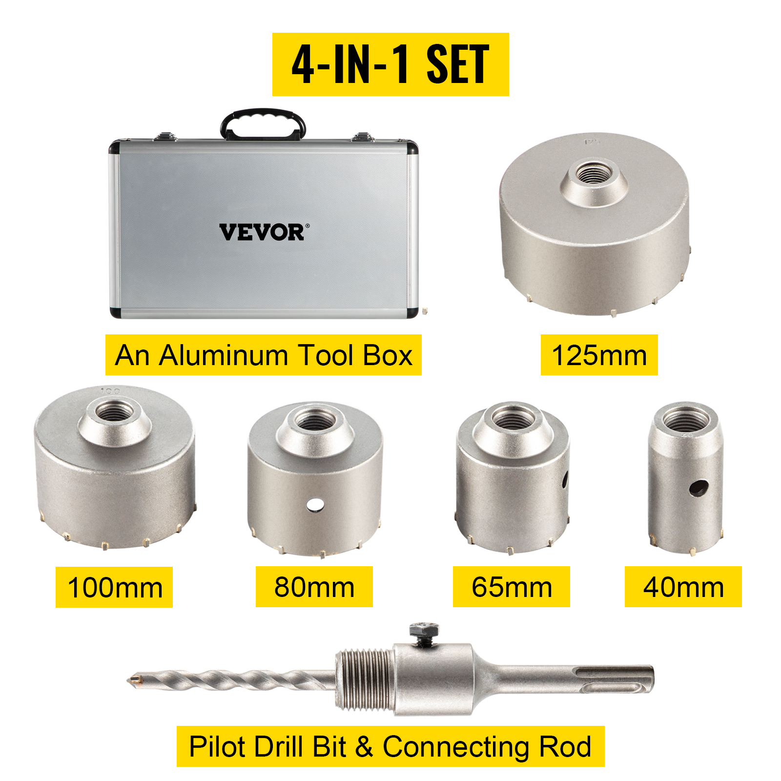 VEVOR Kit de brocas para hormigón, 1-2/11, 1-3/5, 2-9/16, 3-5/32,  3-15/16 Juego de brocas SDS Plus y SDS MAX Shank Wall Cortador de agujeros  con