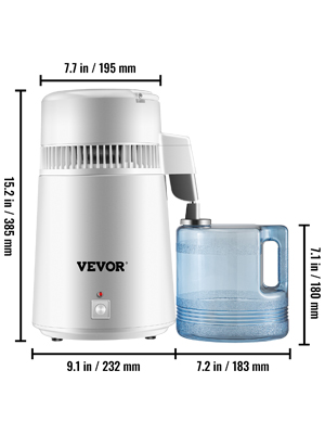 VEVOR Wasserdestilliergerät Trinkwasser, 750 W Wasser Destilliergerät 1,2-2  L/H Destilator Wasser Destilliergerät 29 x 29 x 39 cm, 304 Edelstahl weißes  Destilliermaschine mit Handgriff, Thermostat