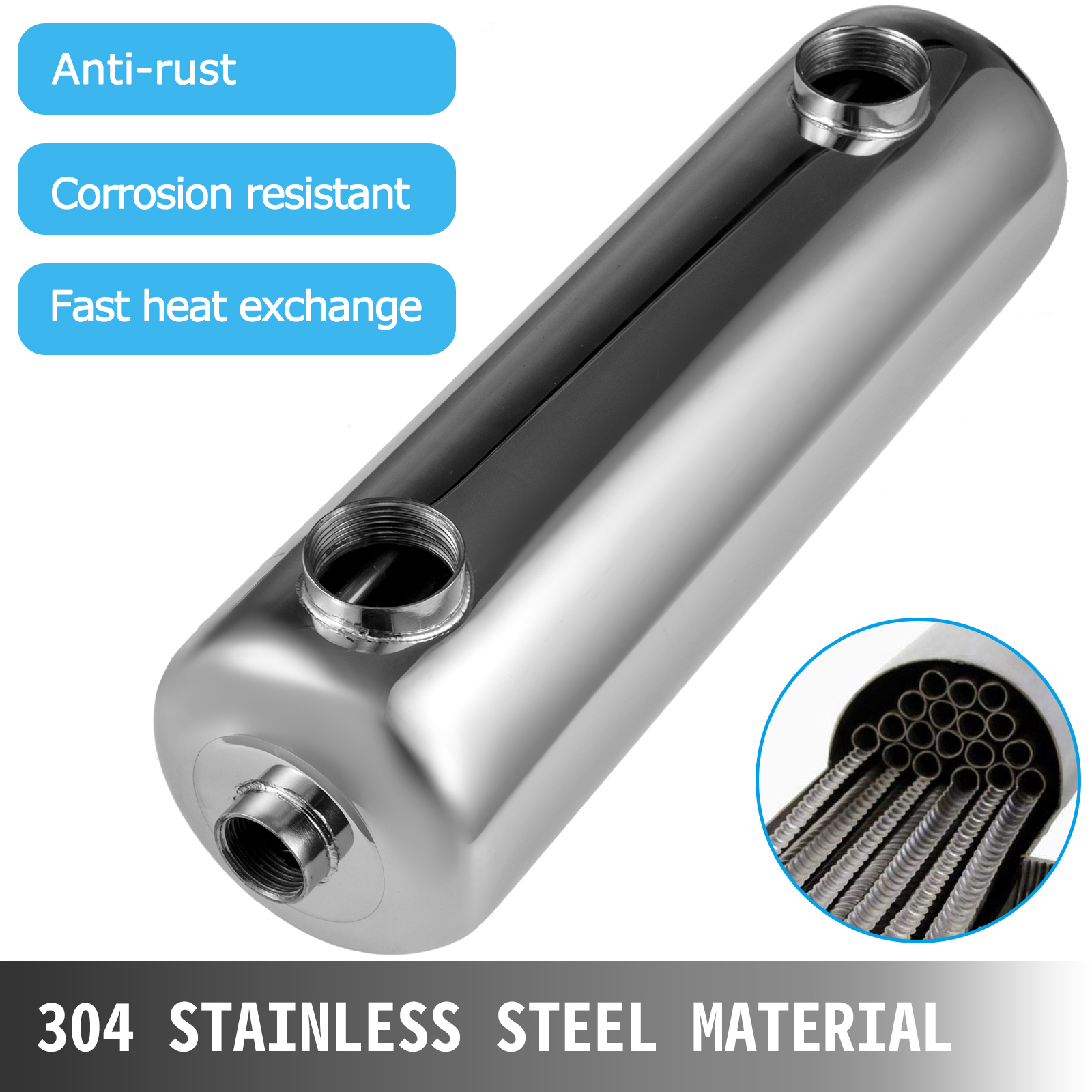 Vevor Pool Heat Exchanger Tubeshell Heat Exchanger 200k Same Side 1"+1