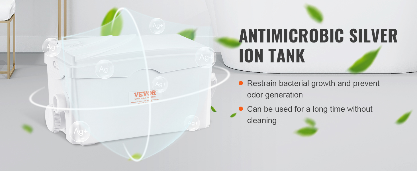 VEVOR macerator pump with antimicrobial silver ion tank to prevent bacteria and odors, easy maintenance.