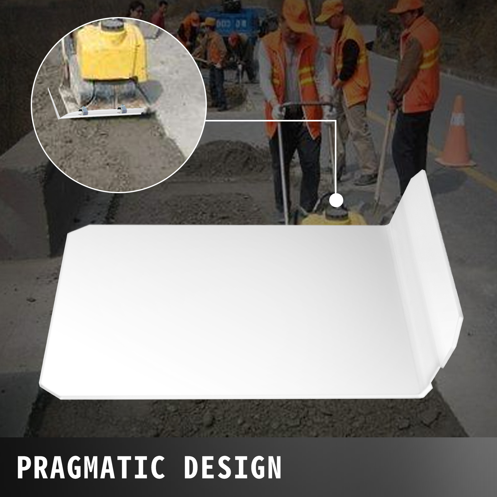 VEVOR plate compactor pad used by workers at a construction site.