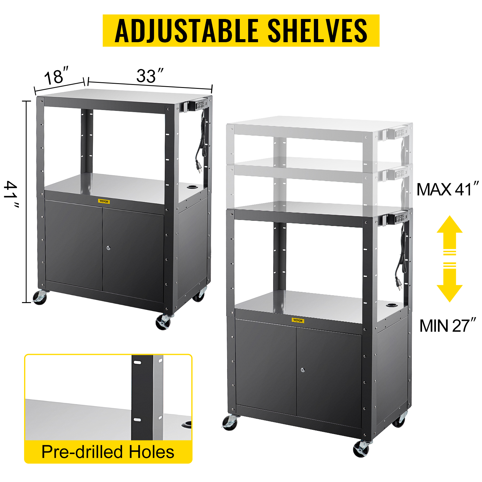 VEVOR Steel AV Cart, 41 Inch Height Adjustable Media Cart with Locking