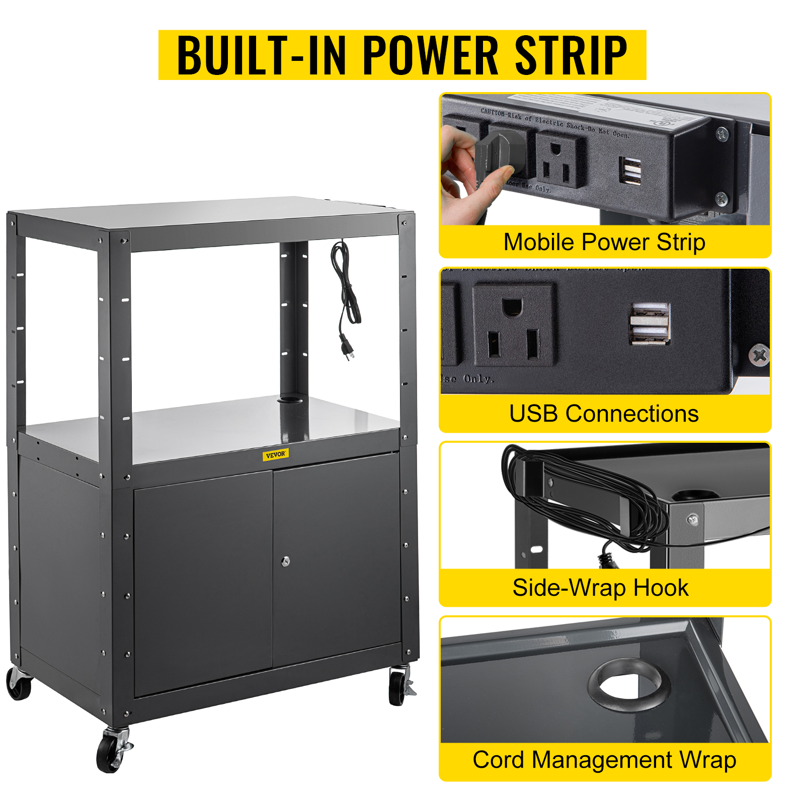 VEVOR Steel AV Cart, 41 Inch Height Adjustable Media Cart with Locking 33" x 18" Extra