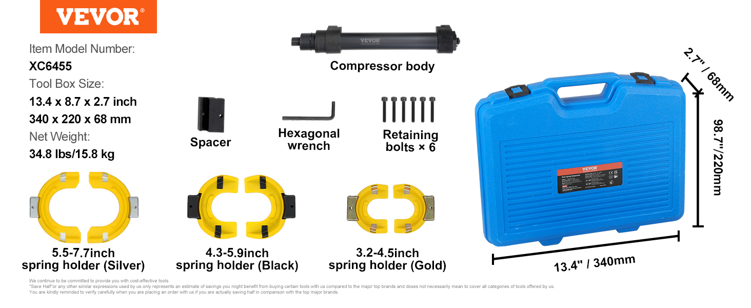VEVOR Kit Compresseur Ressort Amortisseur pour Voiture Force de Compression  1T Course 320mm Tendeur de Ressort Vérin Hydraulique 4,5T Opération à Pied
