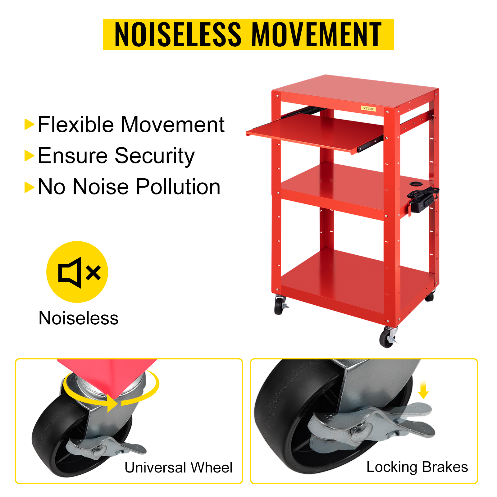 VEVOR Steel AV Cart, 2741" Height Adjustable Media Cart with 19" x 14
