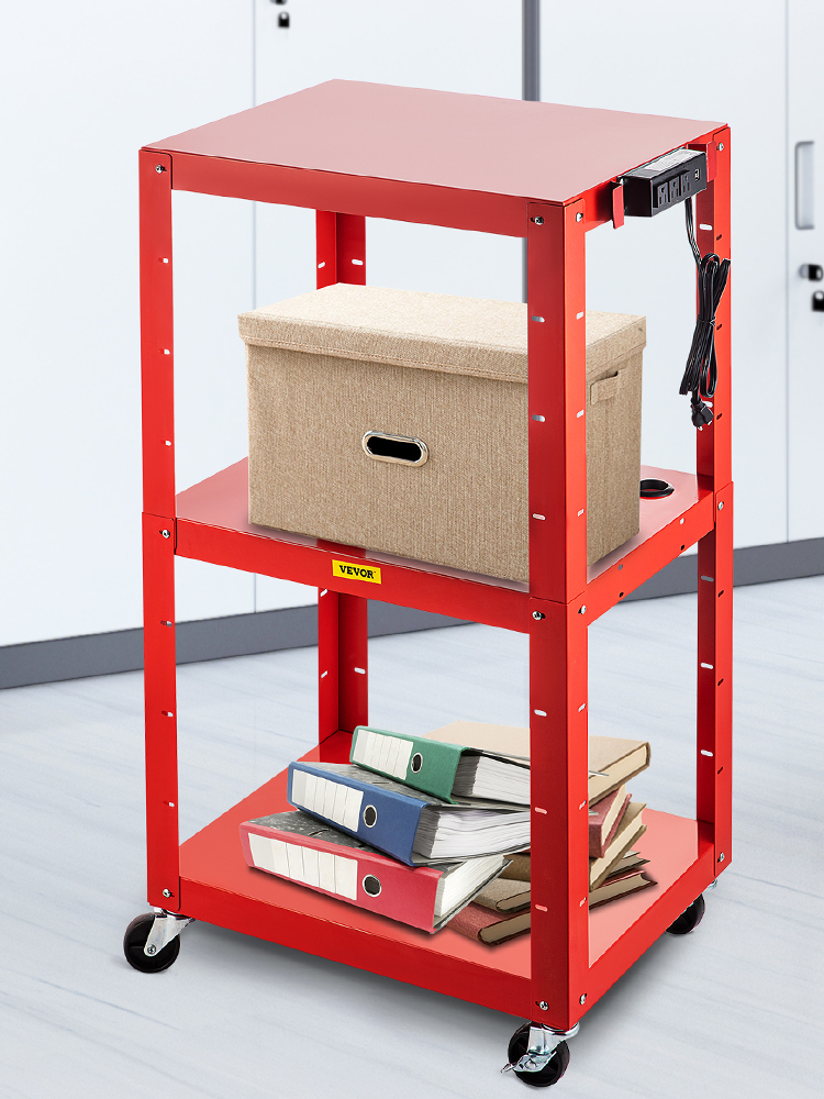 VEVOR Steel AV Cart, 2641" Height Adjustable Media Cart with Electric Power Cord, 25" x 18