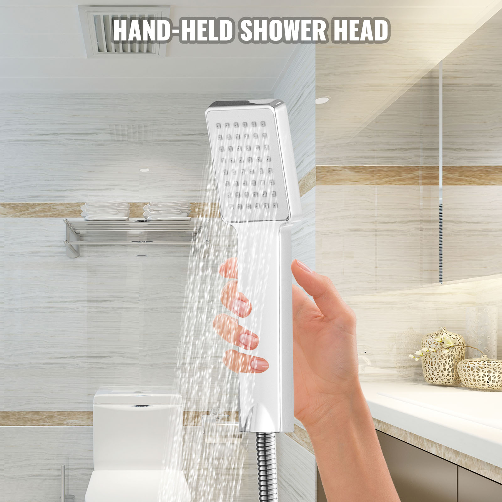  Sistema de ducha con grifo y estante, columna de ducha de latón  de montaje en pared, ducha de lluvia con ducha de mano de 3 funciones, riel  de ducha ajustable en
