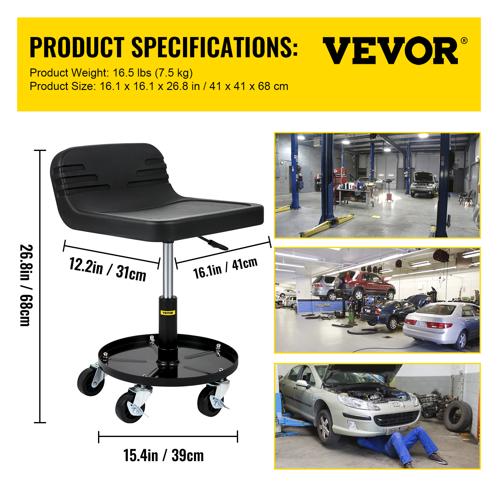 VEVOR Shop Stool, 400 LBS Rolling Garage Stool, 22” To 26” Adjustable Heigh＿ 並行輸入品 椅子用クッション、パッド