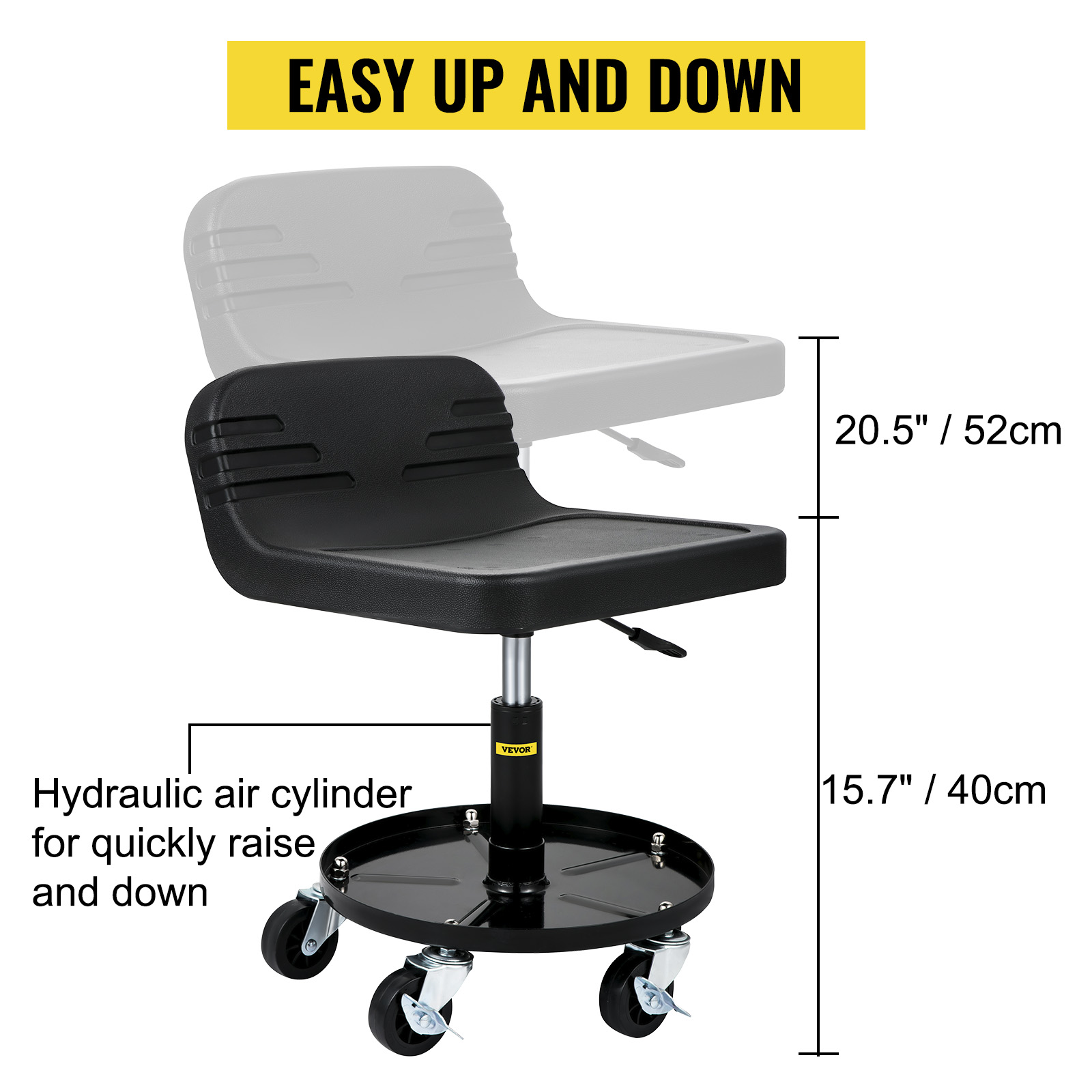 Metal Sliding Repair Stool with Tool Tray PU Gateo Repairing Seat with Wheels Mechanical Chair for Garage Outdoor Fishing 
