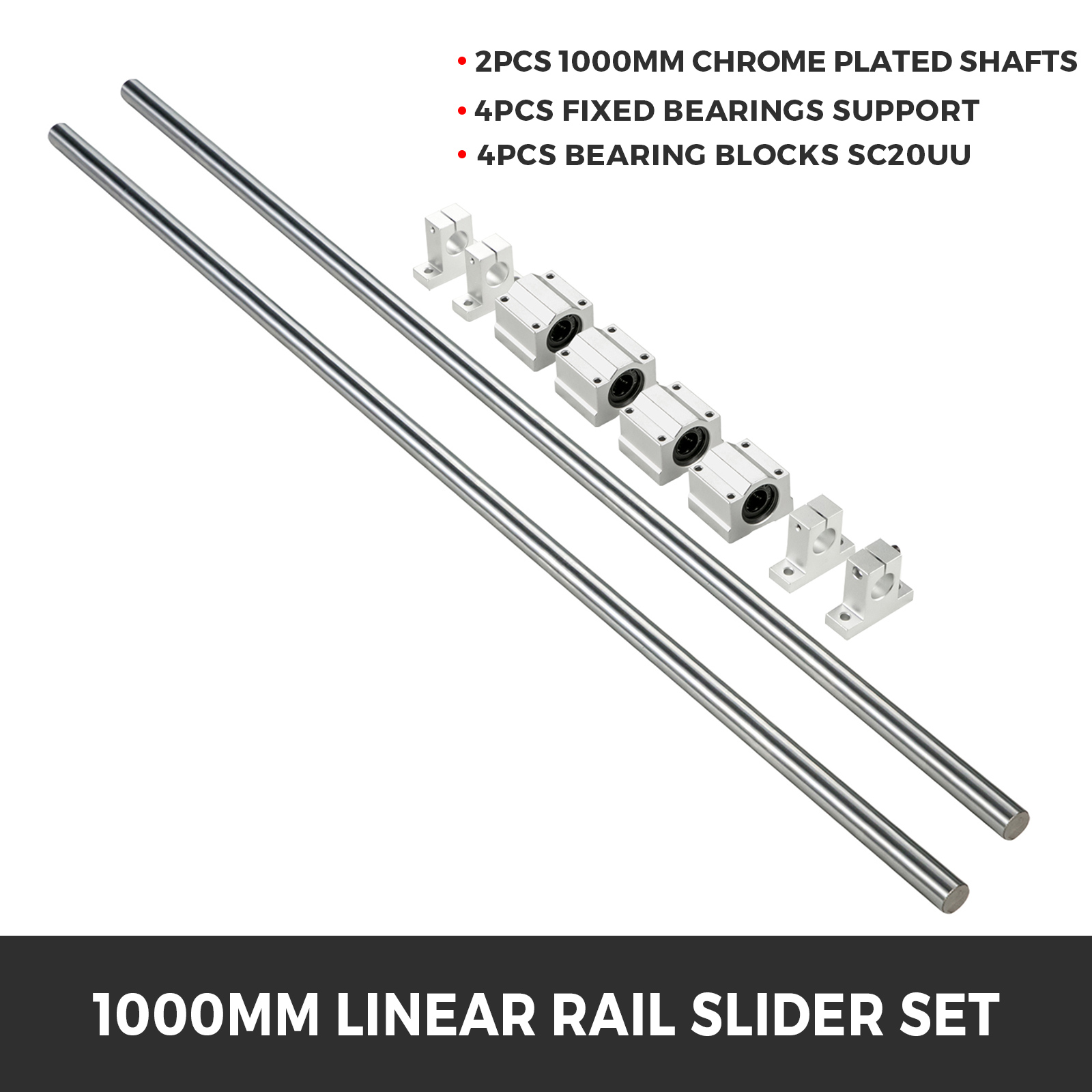 VEVOR Linear Rail Slide 2PCs 20mm x 1000mm Linear Bearing Slide Set with 4Pcs Block Bearings SC20UU+4Pcs Shaft Support Linear Shaft CNC Parts Kits for Electronic Equipment Guide Bar