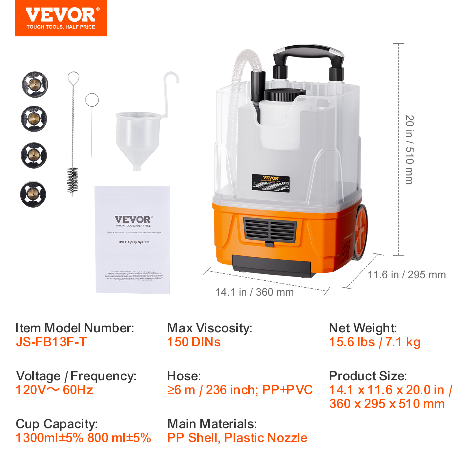 VEVOR Paint Sprayer HVLP Spray Gun 1300ml Container 3 Spray Patterns 4/5 Nozzles