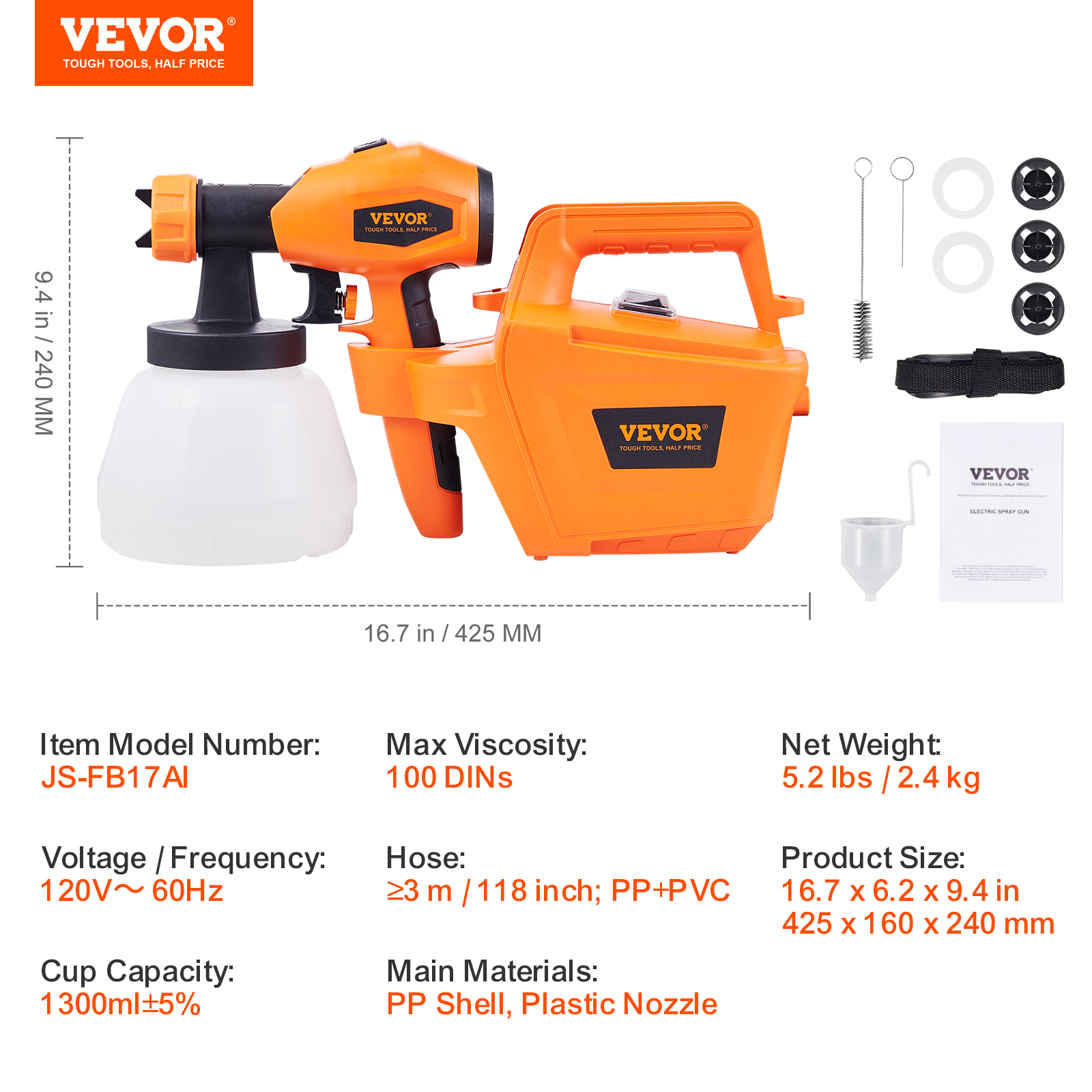 VEVOR Paint Sprayer HVLP Spray Gun 1300ml Container 3 Spray Patterns 4/5 Nozzles