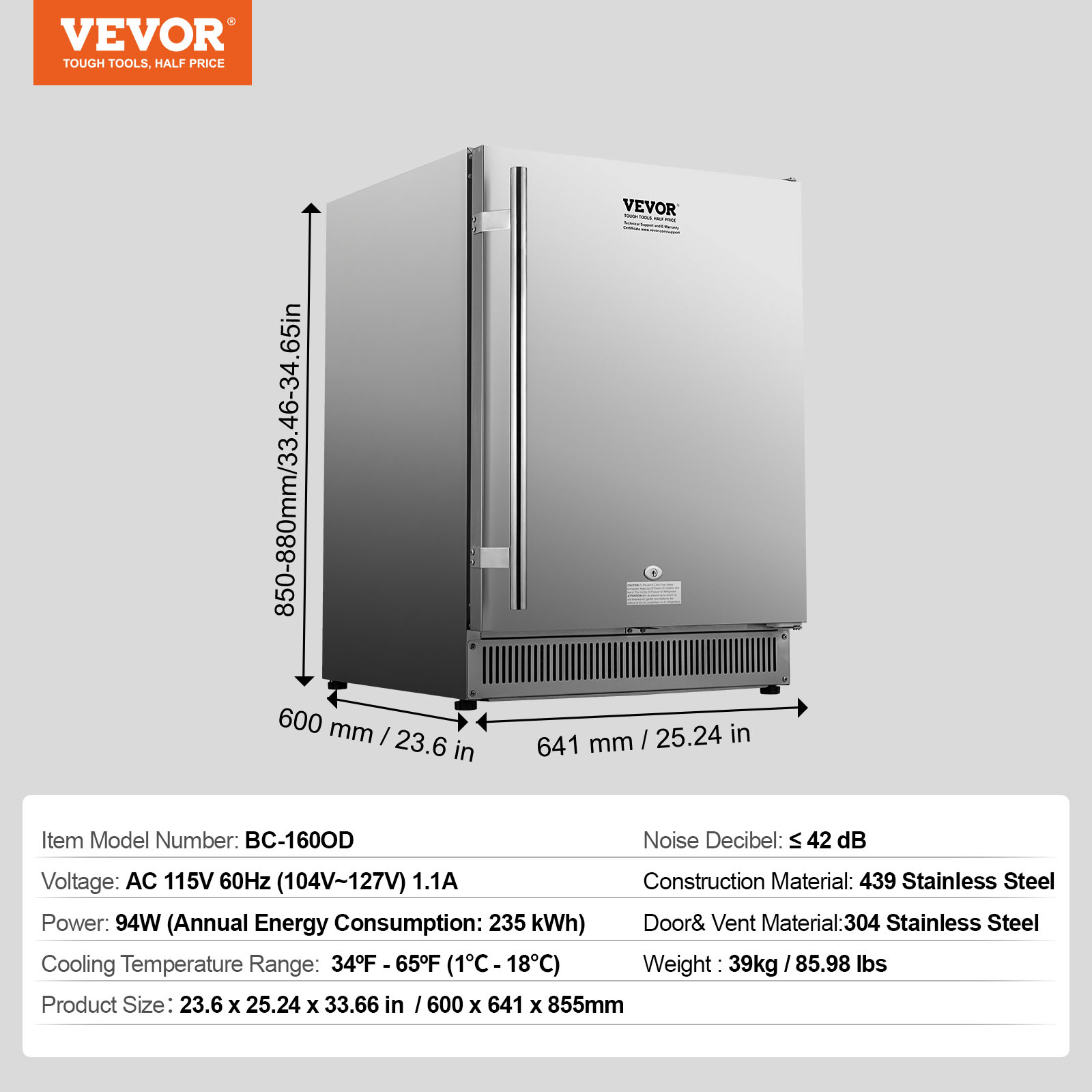 VEVOR 24" Built-in Beverage Refrigerator Fridge Cooler 185QT Beer Indoor/Outdoor