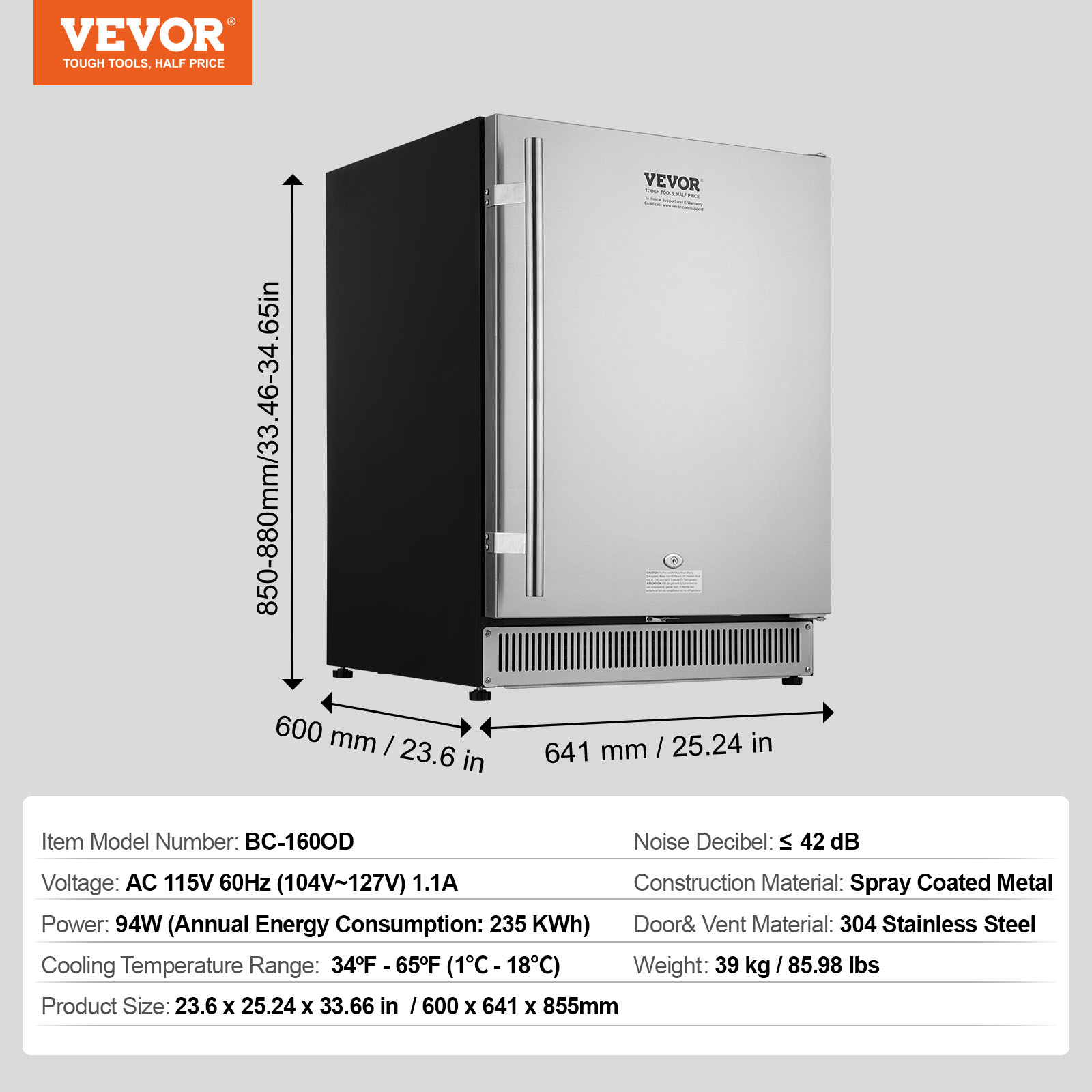 VEVOR 24" Built-in Beverage Refrigerator Fridge Cooler 185QT Beer Indoor/Outdoor