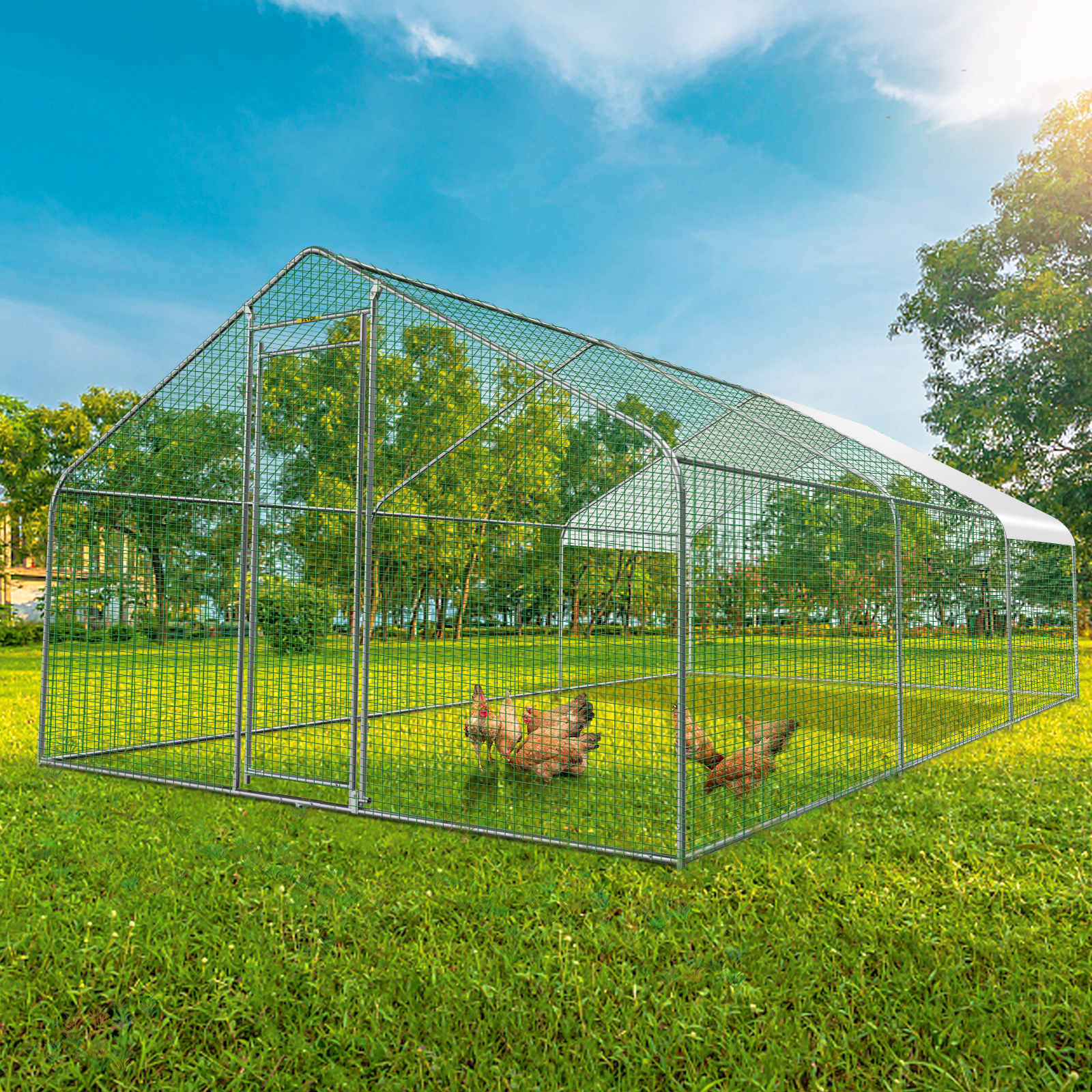 Rabbits Habitat Walk-in Hen Run for Backyard with Waterproof Cover VEVOR Metal Coop 6.5x9.8x6.5ft Large Space for Chicken Silver Ducks Spire Outdoor Poultry Cage House for Farm Use 