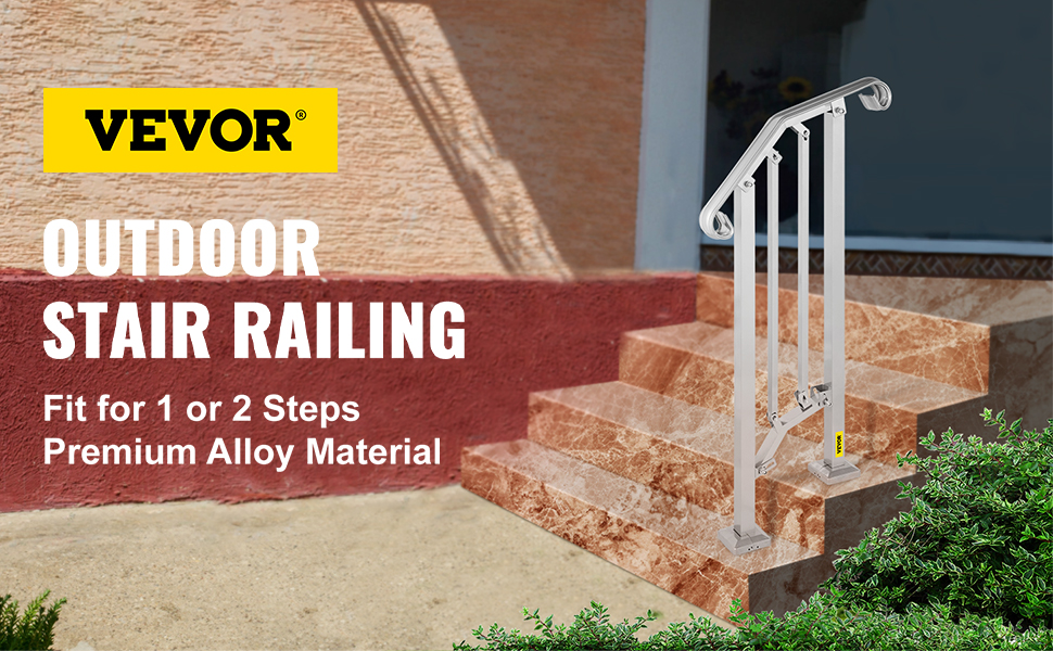 VEVOR Outdoor Stair Railing, Alloy Metal Hand Railing, Fit 1 or 2 Steps Flexible Transitional Handrail, Outdoor Stair Rail W/ Installation Kit, Step Handrail for Concrete or Wooden Stairs, Silver