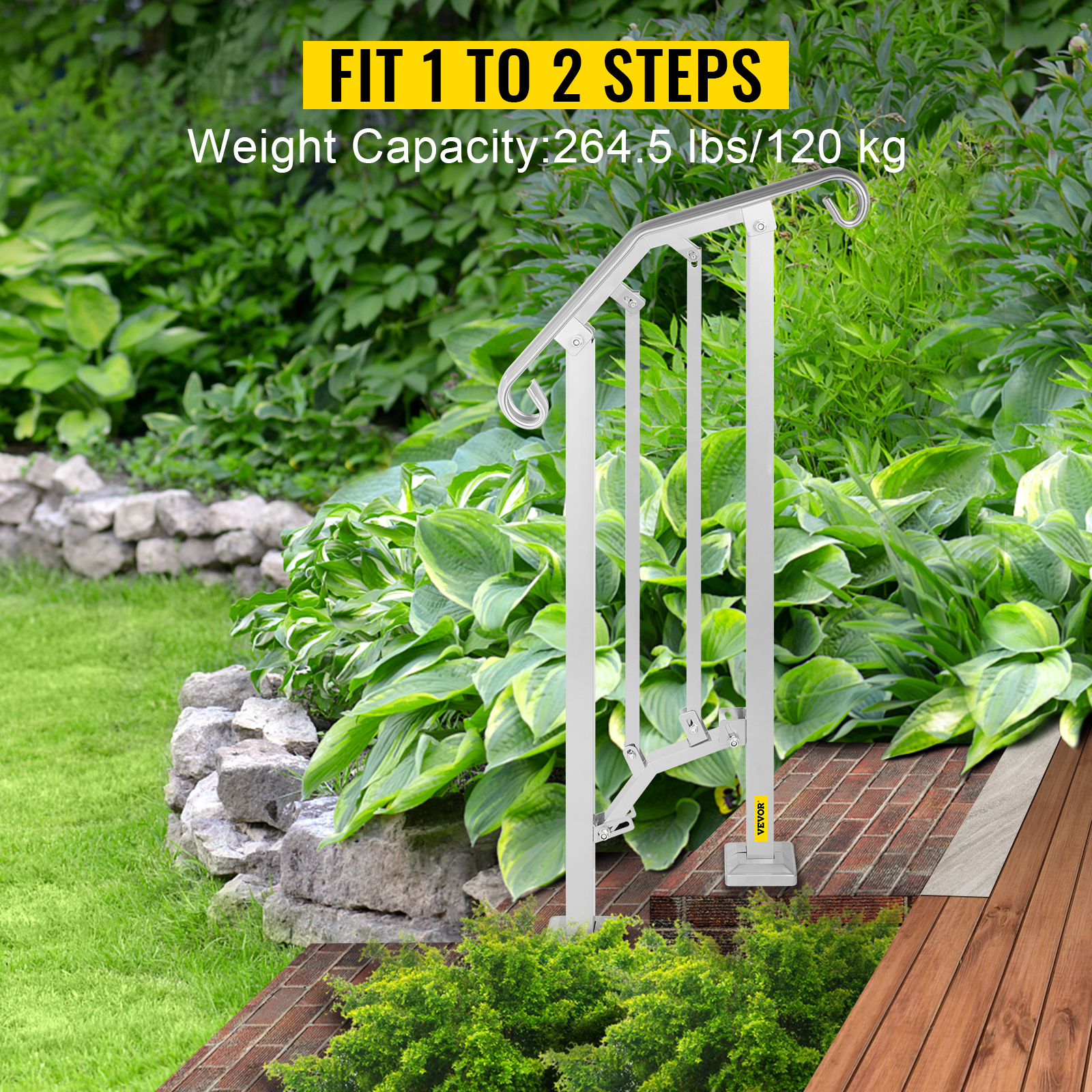 VEVOR Outdoor Stair Railing, Alloy Metal Hand Railing, Fit 1 or 2 Steps Flexible Transitional Handrail, Outdoor Stair Rail W/ Installation Kit, Step Handrail for Concrete or Wooden Stairs, Silver
