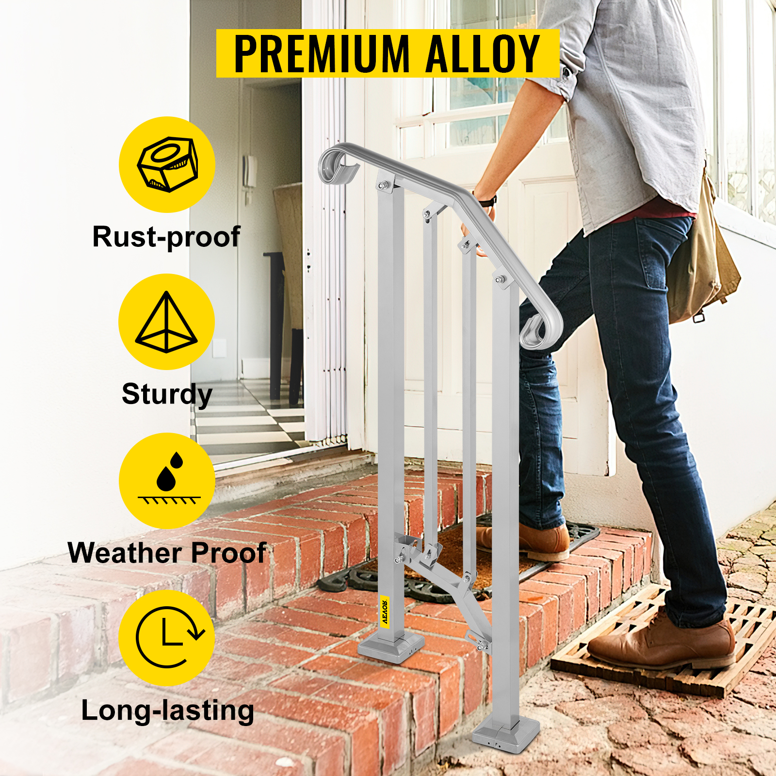 VEVOR Outdoor Stair Railing, Alloy Metal Hand Railing, Fit 1 or 2 Steps Flexible Transitional Handrail, Outdoor Stair Rail W/ Installation Kit, Step Handrail for Concrete or Wooden Stairs, Silver
