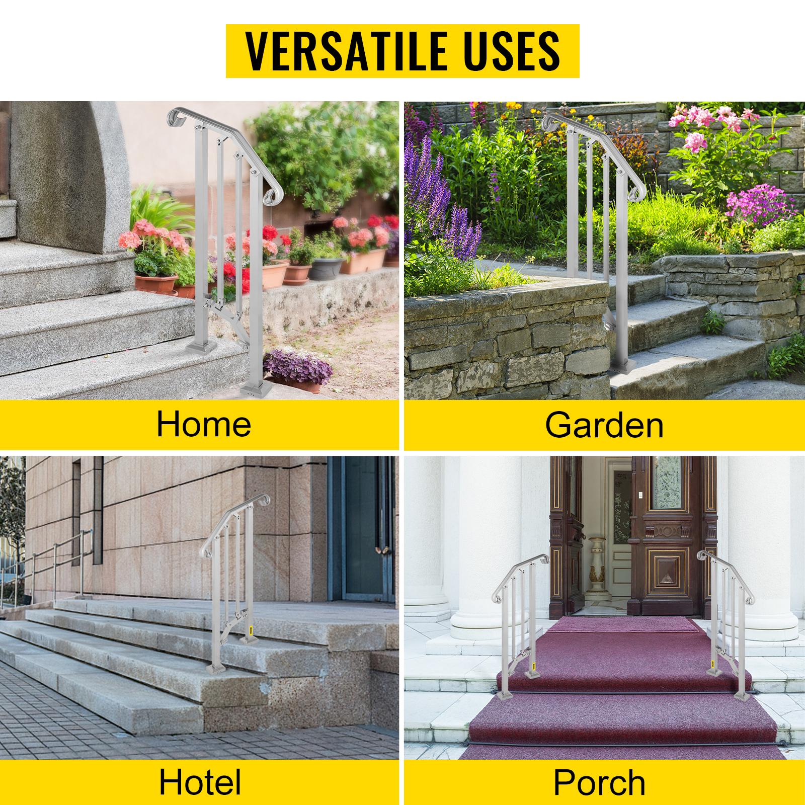VEVOR Outdoor Stair Railing, Alloy Metal Hand Railing, Fit 1 or 2 Steps Flexible Transitional Handrail, Outdoor Stair Rail W/ Installation Kit, Step Handrail for Concrete or Wooden Stairs, Silver