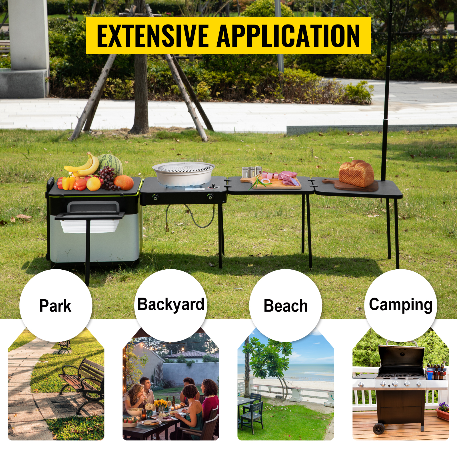 VEVOR Outdoor Mobile Kitchen, Portable Multifunctional Camp Box with Wheels  All in One Integrated Cooking Station with Windproof Stove, Folding Tables