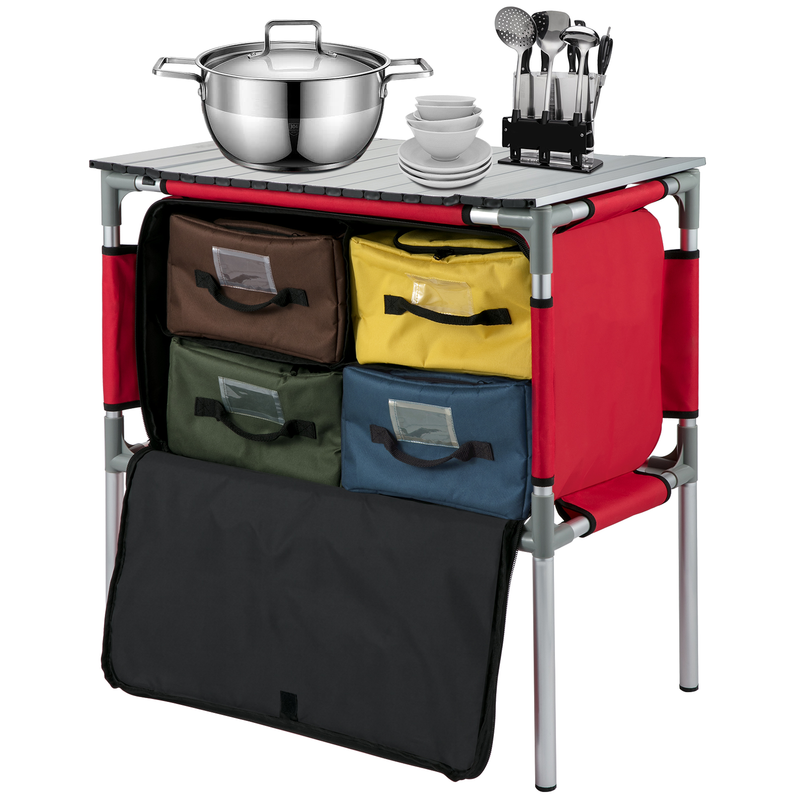 VEVOR Outdoor Mobile Kitchen, Portable Multifunctional Camp Box with Wheels  All in One Integrated Cooking Station with Windproof Stove, Folding Tables  Storage Organizer, Black