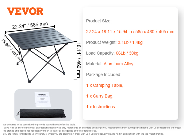 VEVOR Table de Camping 56,5x40,5x46 cm Charge 30 kg Table