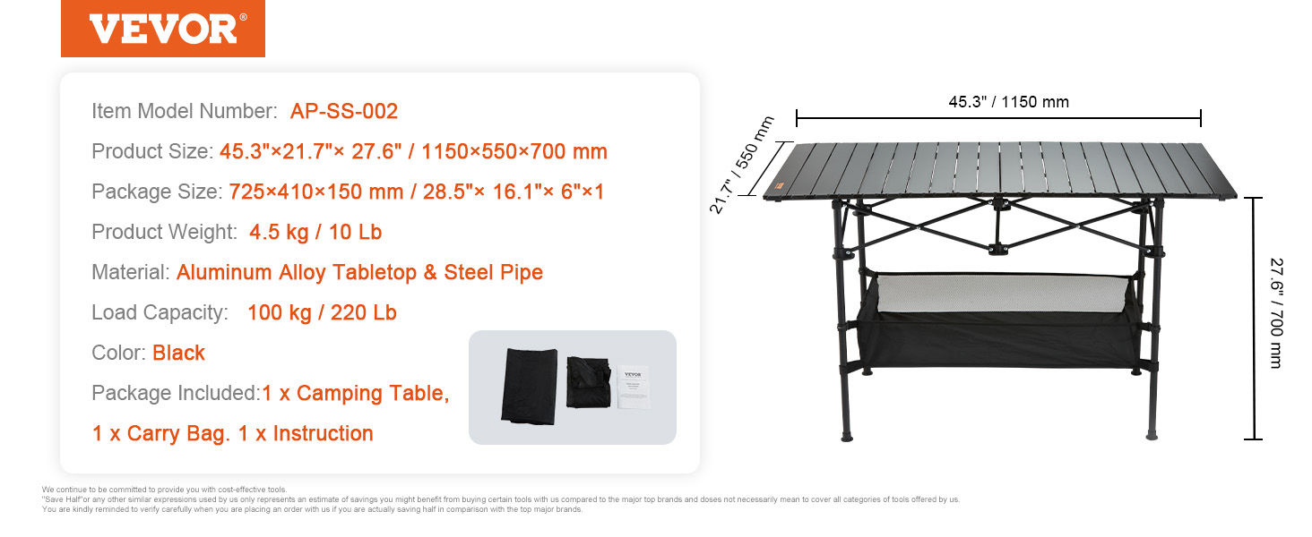 VEVOR összecsukható asztal kempingasztal 1150 x 550 x 700 mm, összecsukható kerti asztal erkély asztal többfunkciós asztal 100 kg teherbíró alumínium ötvözet kempingasztal összecsukható asztal magas hőmérsékleten ellenálló hordozható