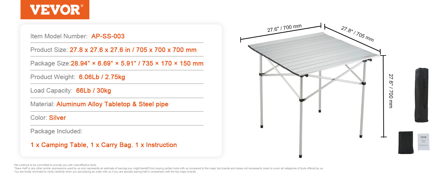 VEVOR összecsukható asztal kempingasztal 705 x 700 x 700 mm, összecsukható kerti asztal erkély asztal többcélú asztal 30 kg teherbírás alumínium ötvözet kempingasztal összecsukható asztal magas hőmérsékletnek ellenálló hordozható