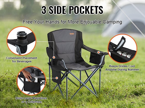 VEVOR VEVOR Camping Folding Chair for Adults, Portable Heavy Duty Outdoor  Quad Lumbar Back Padded Arm Chairs with Side Pockets, Cup Holder and Cooler  Bag for Beach, Lawn, Picnic, Fishing, Backpacking, Black