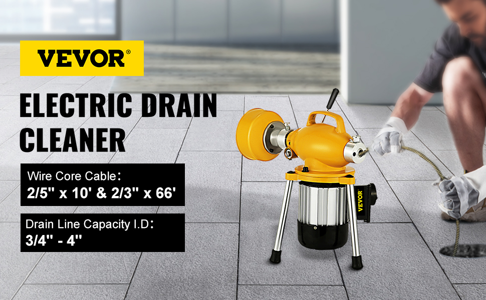 VEVOR Electric Drain Auger 75 ft. x 3/8 in. Drain Cleaner Machine 250W w/Cutters Glove Sewer Snake Fit 1 in. to 4 in. Pipes