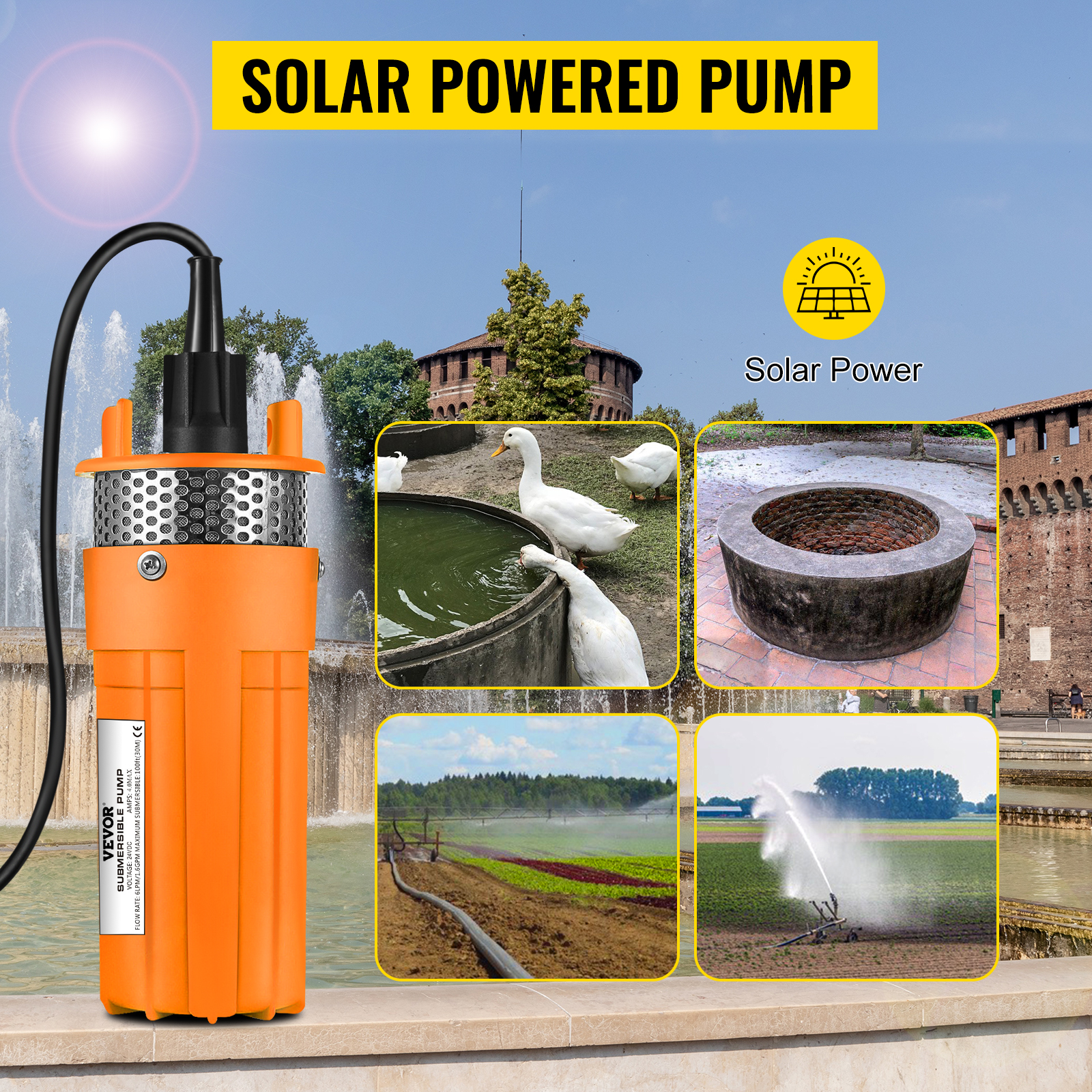 24V DC Solar Powered Deep Submersible Water Well Pump Farm Ranch Household