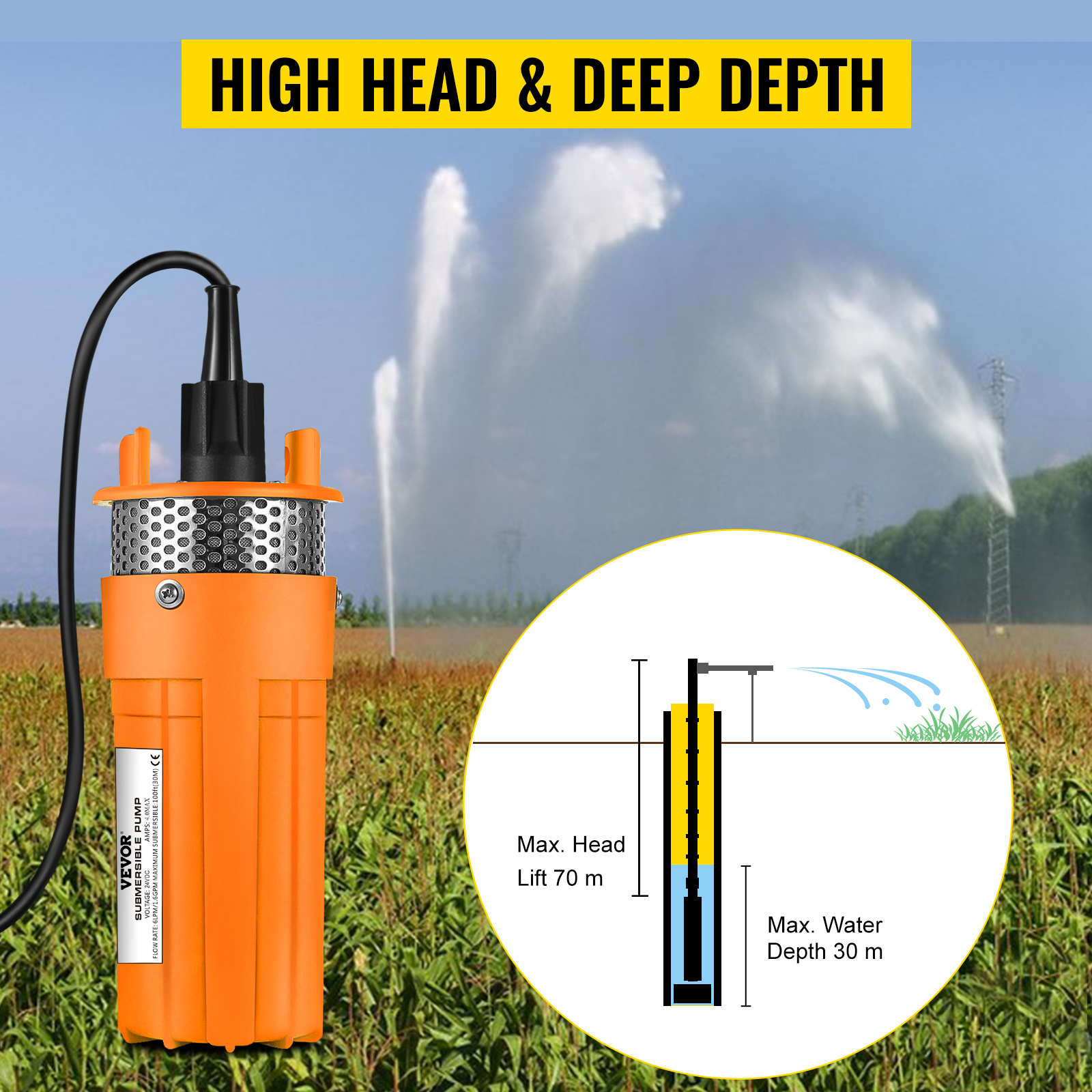 24V DC Solar Powered Deep Submersible Water Well Pump Farm Ranch Household