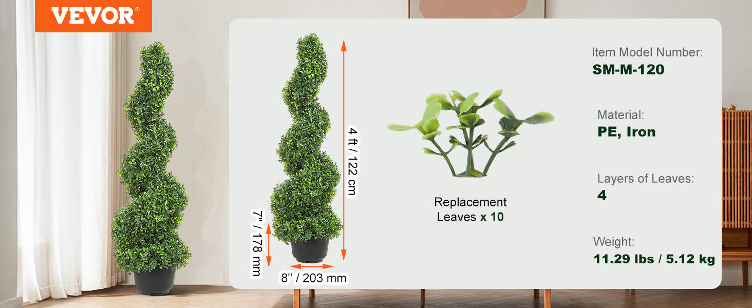 VEVOR 2 db. Műpuszpáng torony műkertészet spirál műnövény 122cm magas dekoratív növény zöld műanyag növény PE vas műkertészeti növényekből 10 db. helyettesítő levelek