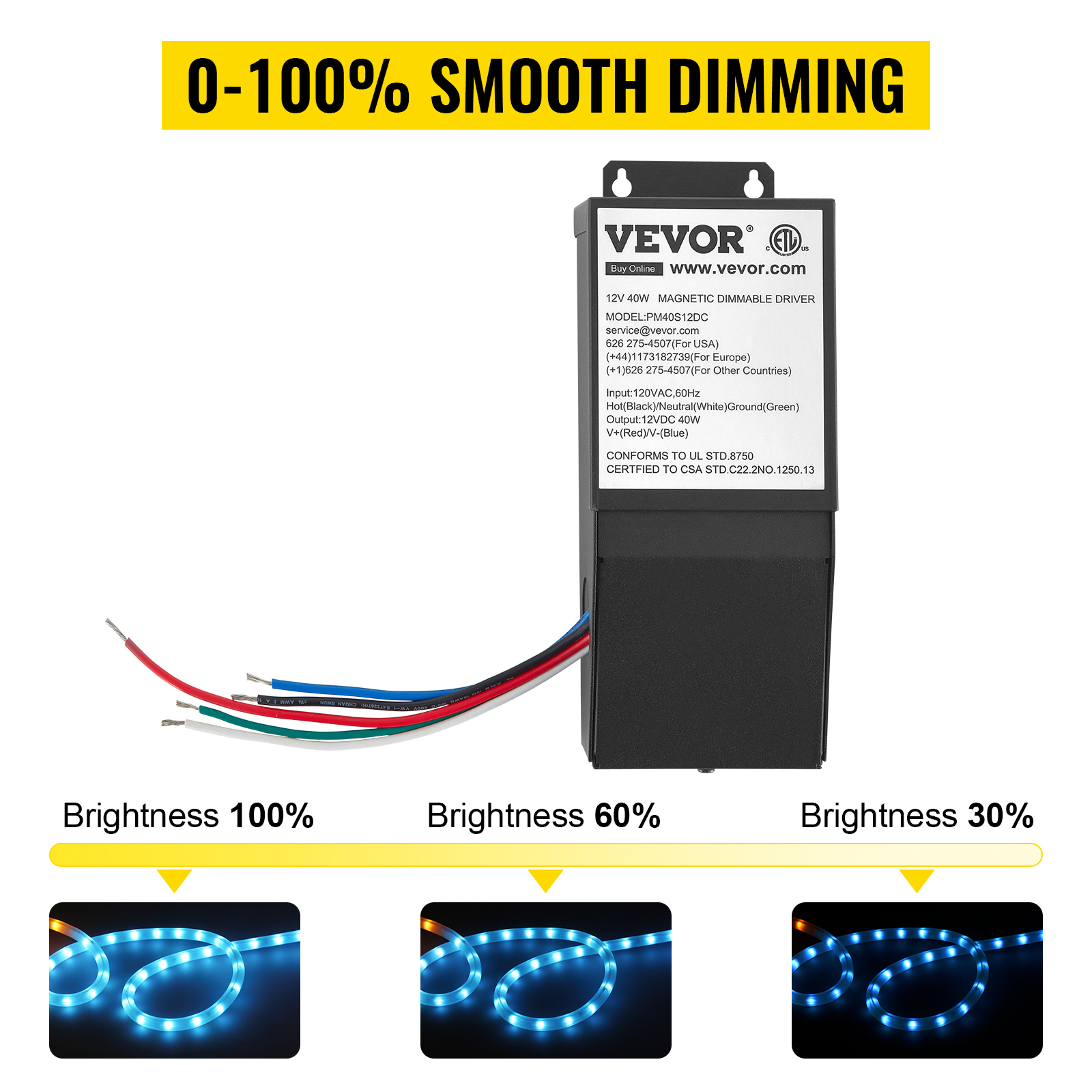 VEVOR Dimmable LED Driver, 12V 40W Power Supply, 120V AC 12V