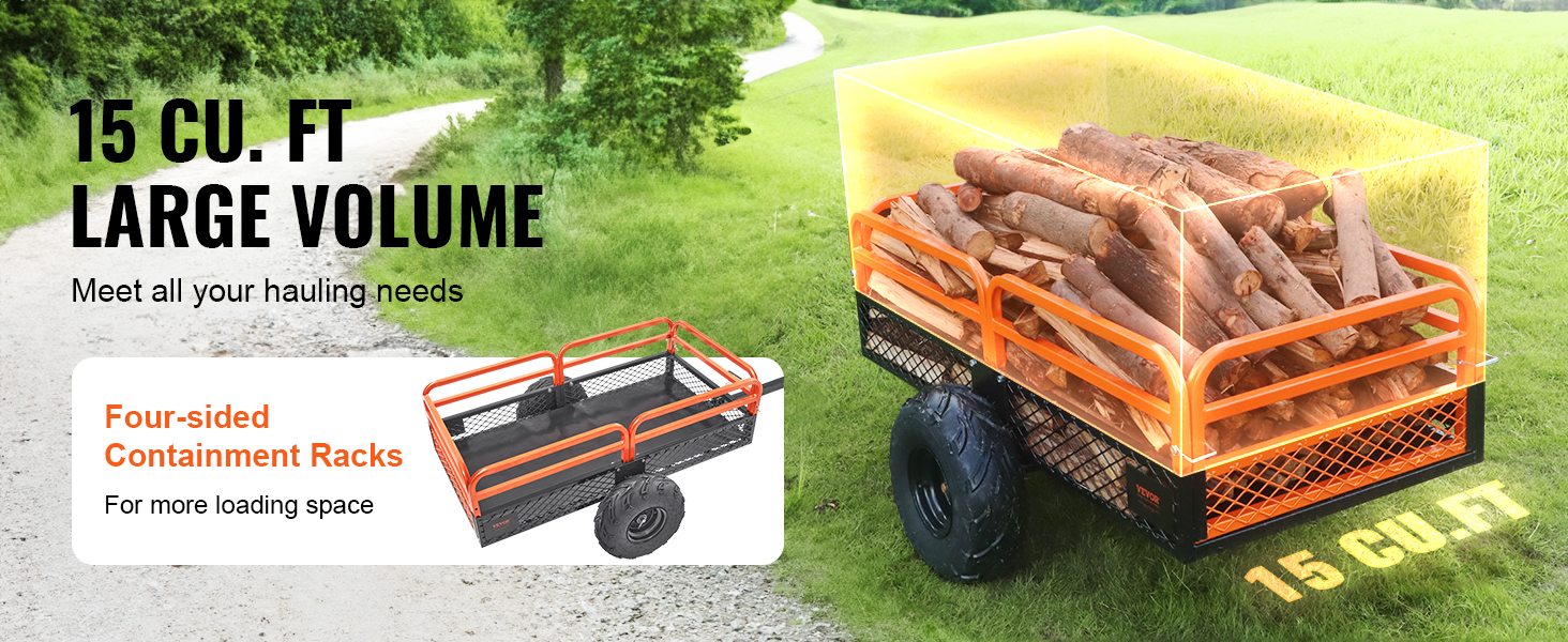 VEVOR nagy teherbírású fűnyíró traktor billenő utánfutó 680 kg teherbírással, vonóhorog billenő raktérrel, pótkocsi lehajtható oldalfalakkal, narancssárga ATV UTV billenő pótkocsi