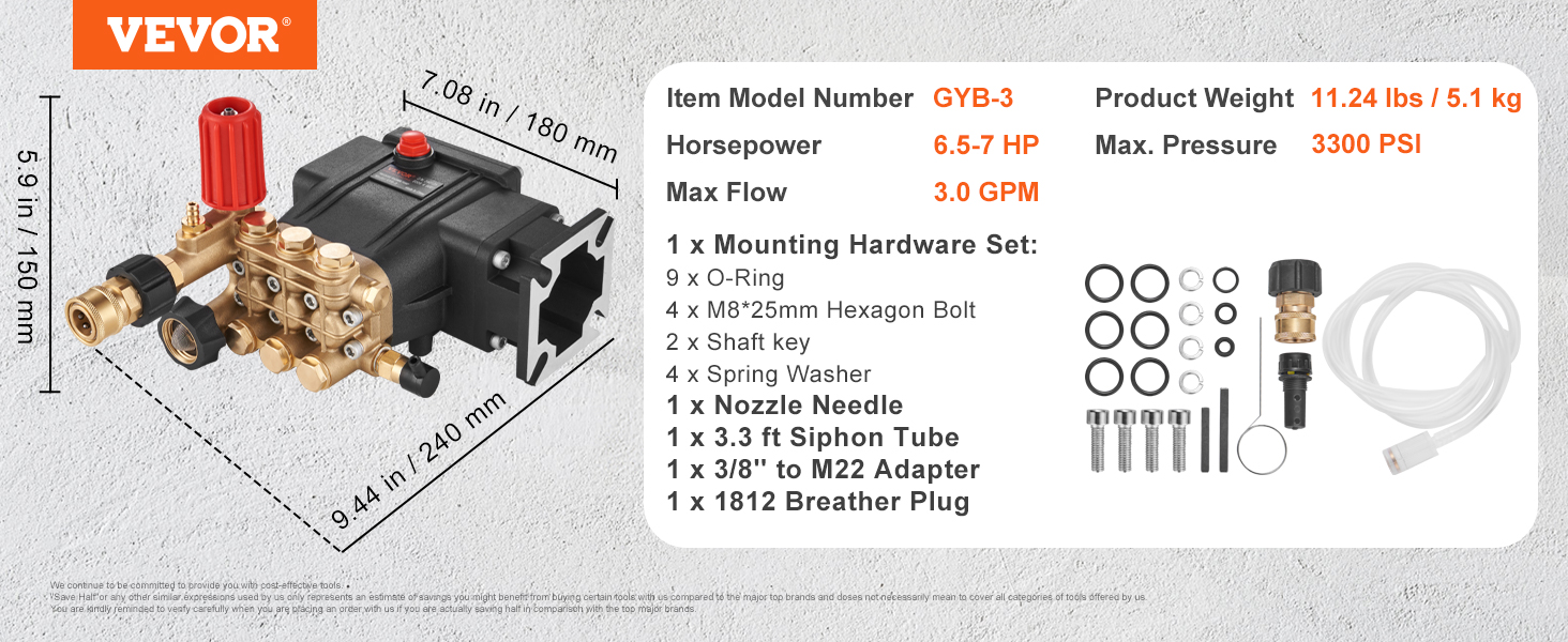 VEVOR Pressure Washer Pump, 3/4" Shaft Horizontal Triplex Plunger, 3700 PSI, 2.5 GPM, Replacement Power Washer Pumps Kit, Parts Washer Pump, Compatible with Simpson MorFlex Models 40224, 40225, 40226