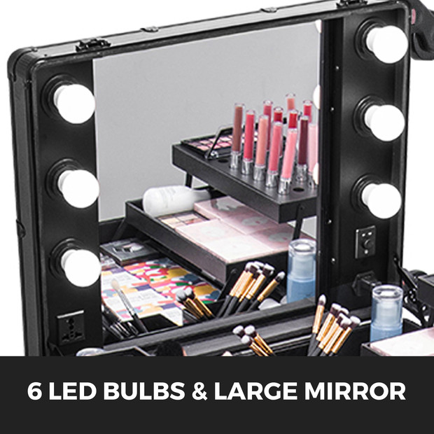 Chignon 13.5” X 9.5” Large Makeup Case with Lighted Up Mirror, Professional  Travel Vanity Cosmetic Train Case, 3 Led Colors and Adjustable Brightness