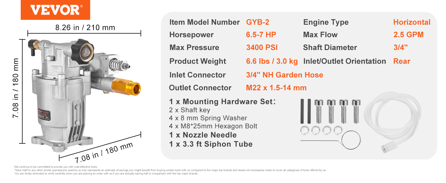 VEVOR Pressure Washer Pump, 19 Mm Shaft Horizontal, 3400 PSI, 2.5GPM ...